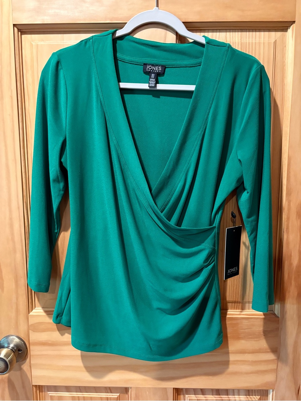 Jones New York Moss-Crepe Faux-Wrap 3/4-Sleeve Top NWT Deep Clover size S